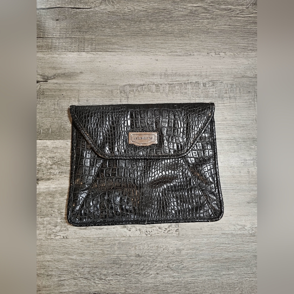 Vintage Liz Claiborne Black Crocodile Embossed Envelope Clutch